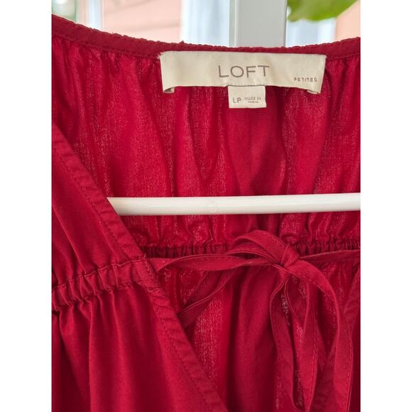 Loft Petite Shirred Tie Neck Midi Dress Rio Red Large - Picture 6 of 10